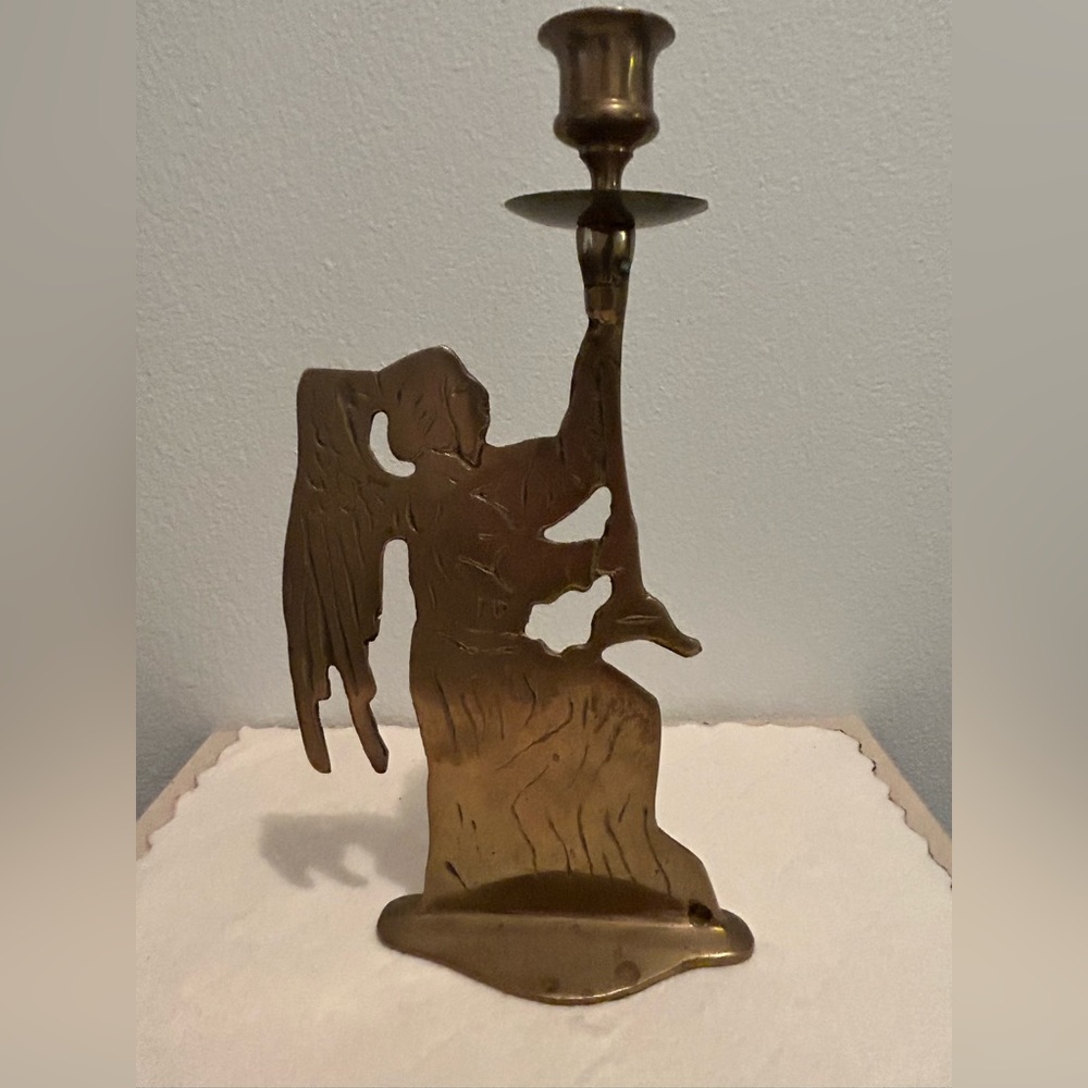 Vintage (India) 10” tall brass angel candle stick holder.